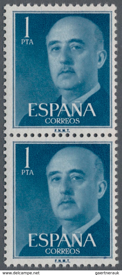 Spanien: 1955, Definitives "General Franco", 1pts. Blue, Colour Essay, Vertical Pair, Unmounted Mint - Andere & Zonder Classificatie