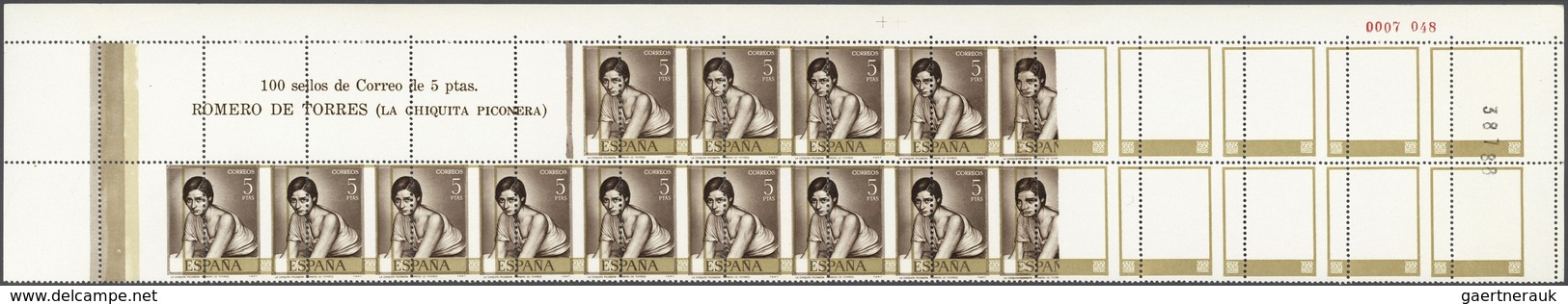 Spanien: 1965, Julio Romero De Torres Paintings, 25c. And 5pts., Two Marginal Blocks Of 28, Each Wit - Andere & Zonder Classificatie