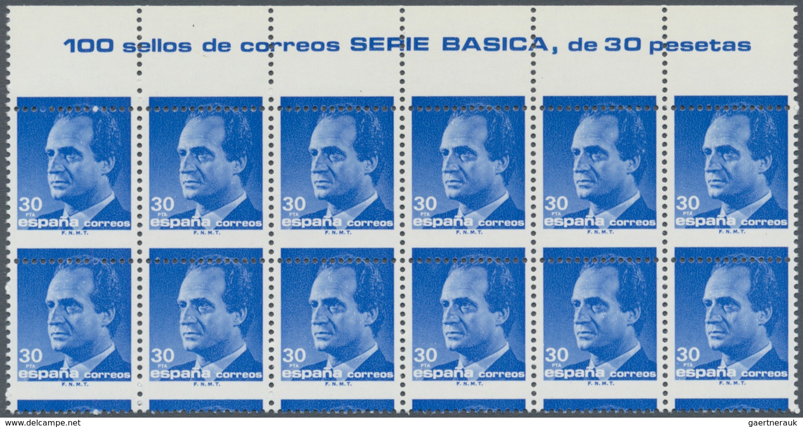 Spanien: 1987, Juan Carlos I. 30pta. Ultramarine Block/12 From Upper Margin With Imprint '100 Sellos - Andere & Zonder Classificatie