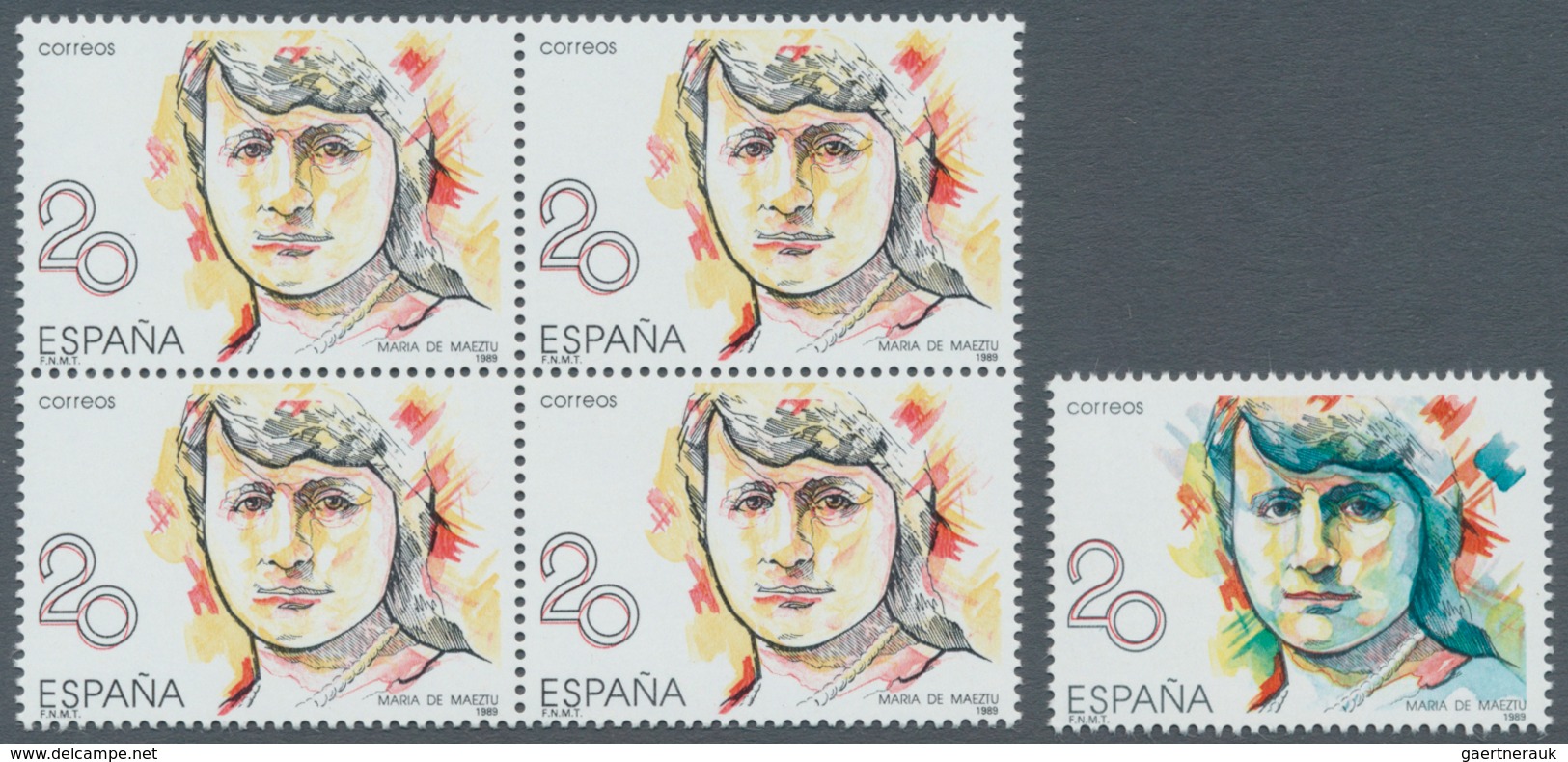 Spanien: 1988, Prominent Woman 20pta. ‚Maria De Maeztu‘ With BLUE COLOUR OMITTED Block Of Four With - Andere & Zonder Classificatie