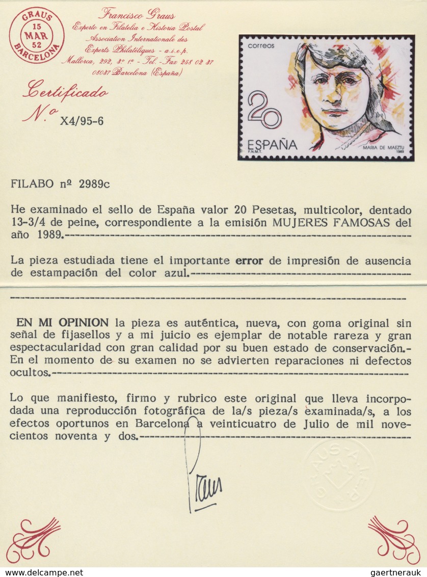 Spanien: 1988, Prominent Woman 20pta. ‚Maria De Maeztu‘ Five Stamps With ERRORS Incl. One With BLUE - Andere & Zonder Classificatie