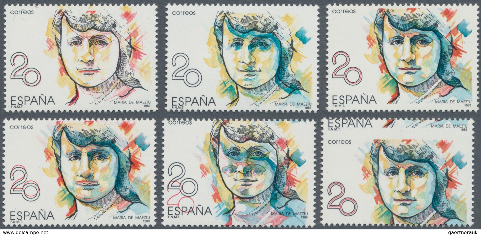 Spanien: 1988, Prominent Woman 20pta. ‚Maria De Maeztu‘ Five Stamps With ERRORS Incl. One With BLUE - Andere & Zonder Classificatie