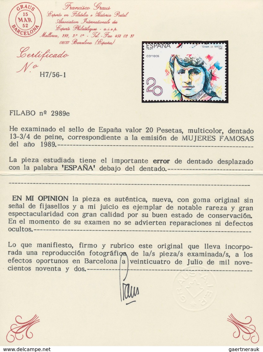 Spanien: 1988, Prominent Woman 20pta. ‚Maria De Maeztu‘ Five Stamps With ERRORS Incl. One With BLUE - Andere & Zonder Classificatie