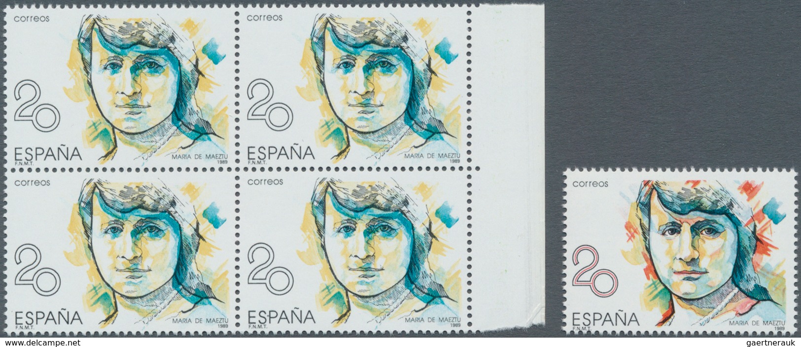 Spanien: 1988, Prominent Woman 20pta. ‚Maria De Maeztu‘ With RED COLOUR OMITTED Block Of Four With N - Andere & Zonder Classificatie