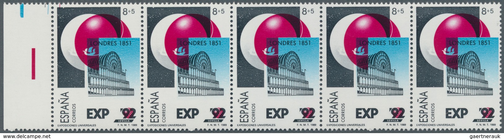 Spanien: 1989, 8pts.+5pts. "Expo '92", Left Marginal Horizontal Strip Of Five Without Impression Of - Andere & Zonder Classificatie