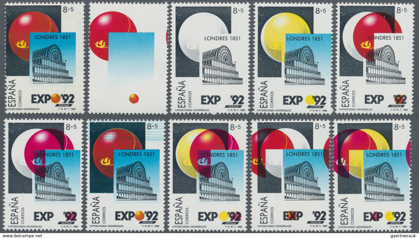 Spanien: 1989, EXPO '92 Sevilla 8+5pta. 'Cristal Palace London' Ten Stamps With ERRORS Incl. One IMP - Andere & Zonder Classificatie