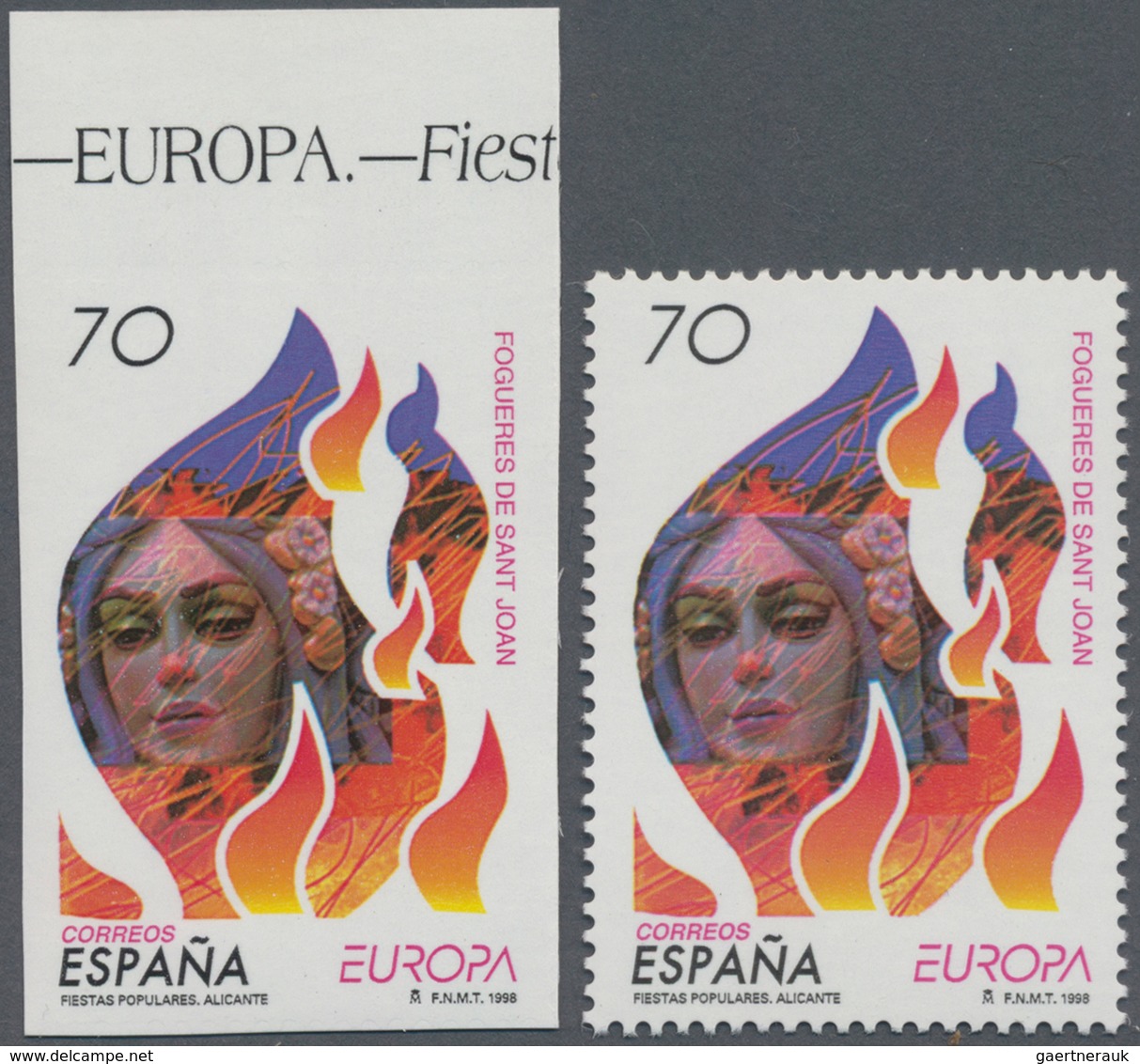 Spanien: 1998, Europa-CEPT 70pts. 'Johannis Fire' IMPERFORATE From Upper Margin With Normal Stamp Fo - Andere & Zonder Classificatie