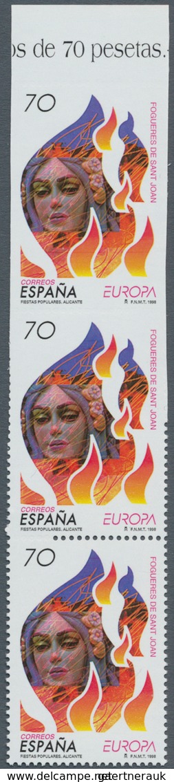 Spanien: 1998, Europa-CEPT 70pts. 'Johannis Fire' Vertical Strip Of Three With Upper Stamp IMPERFORA - Andere & Zonder Classificatie