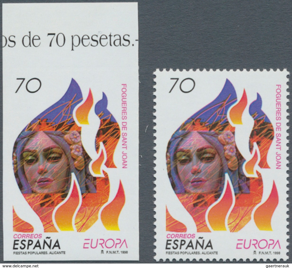 Spanien: 1998, Europa-CEPT 70pts. 'Johannis Fire' IMPERFORATE From Upper Margin With Normal Stamp Fo - Andere & Zonder Classificatie