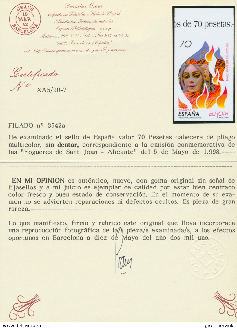 Spanien: 1998, Europa-CEPT 70pts. 'Johannis Fire' IMPERFORATE From Upper Margin With Normal Stamp Fo - Andere & Zonder Classificatie