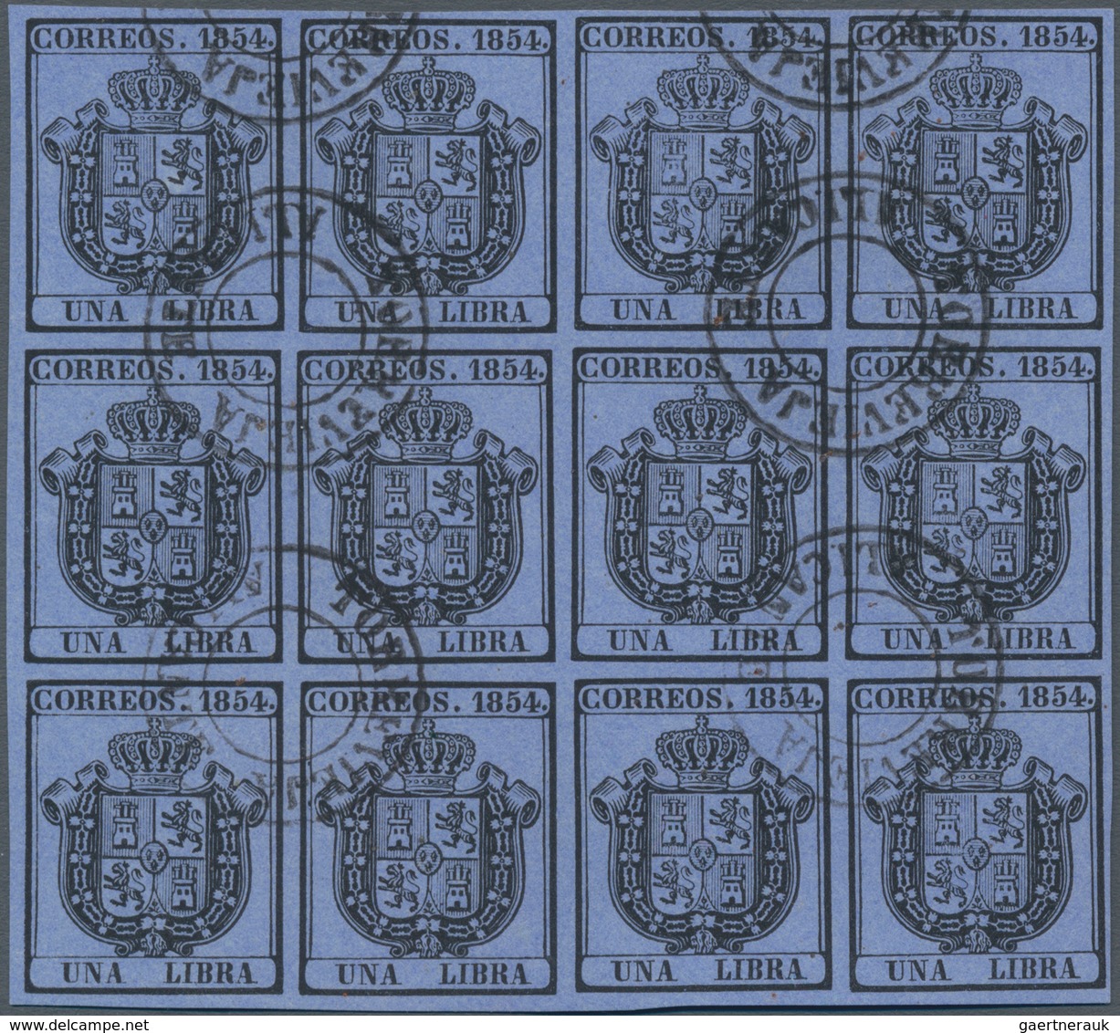 Spanien - Dienstmarken: 1854, UNA LIBRA Black On Blue, Block Of Twelve, Fresh Colour And Full Margin - Officials