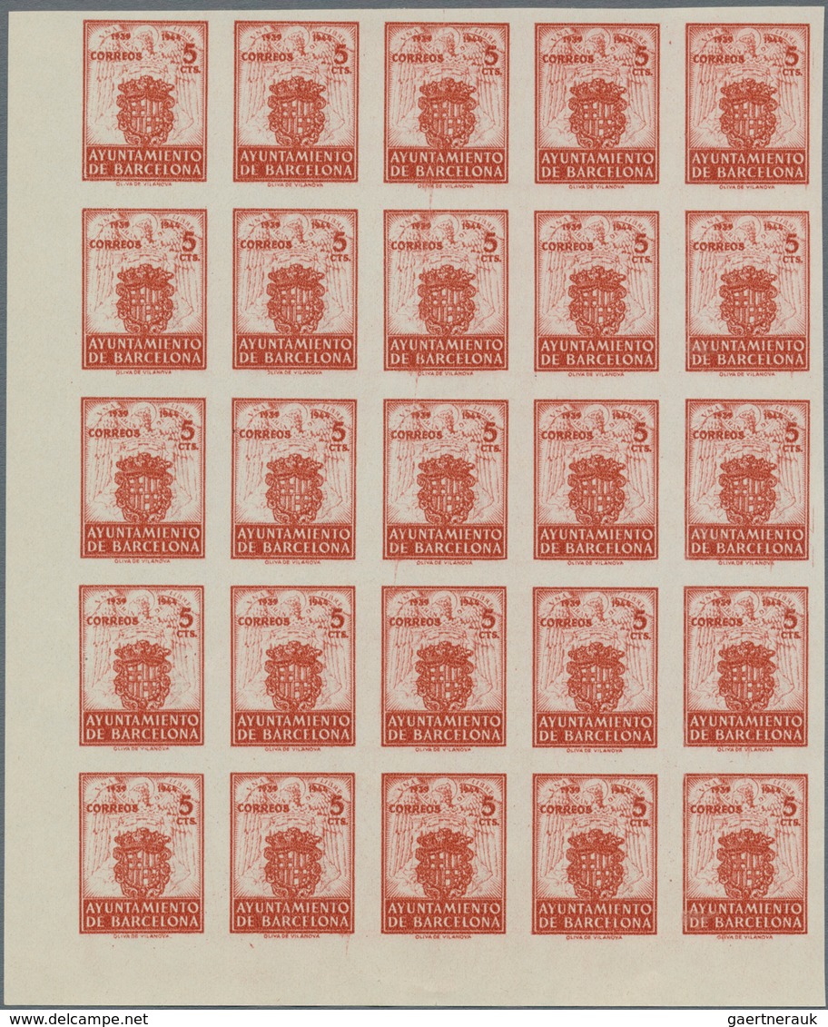 Spanien - Zwangszuschlagsmarken Für Barcelona: 1944, Coat Of Arms Complete Set Of Five 5c. Stamps In - Oorlogstaks