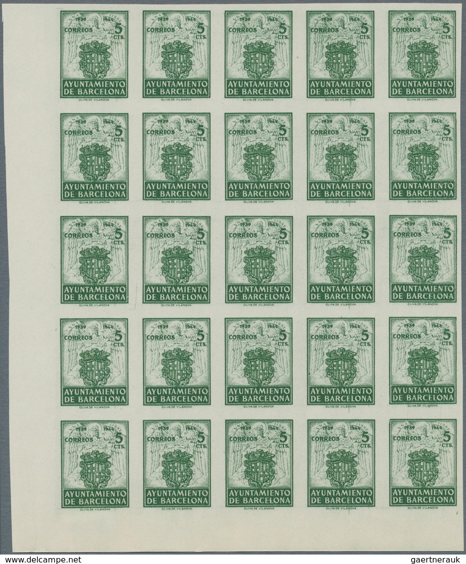 Spanien - Zwangszuschlagsmarken für Barcelona: 1944, Coat of Arms complete set of five 5c. stamps in
