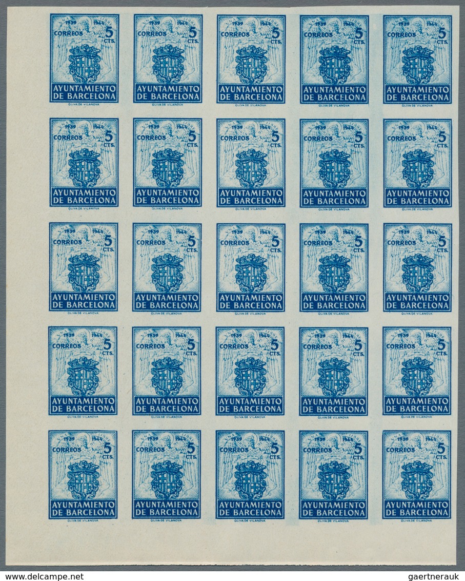 Spanien - Zwangszuschlagsmarken für Barcelona: 1944, Coat of Arms complete set of five 5c. stamps in