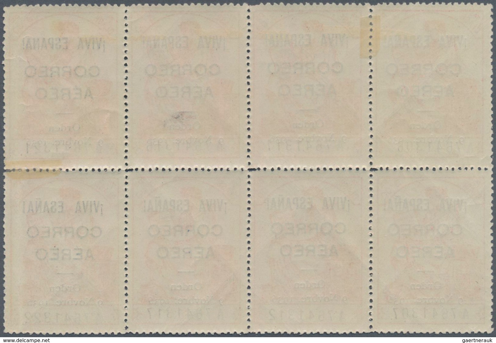 Spanien - Lokalausgaben: Burgos: 1936, Airmail Overprints On Fiscal Stamp 3pts. Rose, Block Of Eight - Other & Unclassified