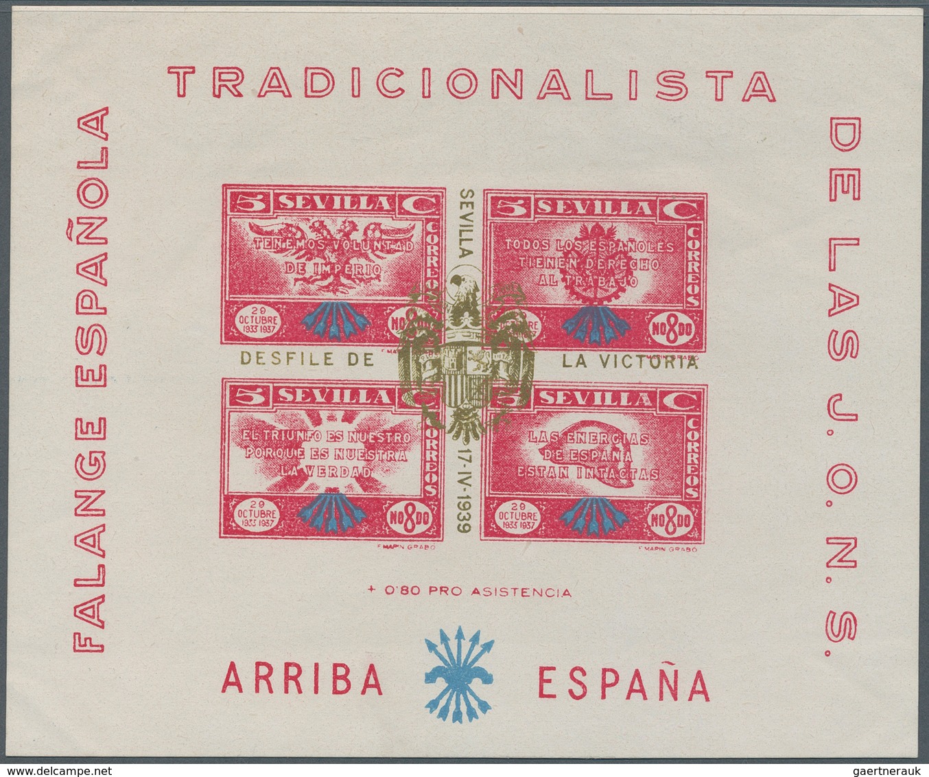 Spanien - Lokalausgaben: Sevilla: 1939, 2 Sheet Blocks With Gold Overprinting Coat Of Arms (RR): Des - Nationalist Issues