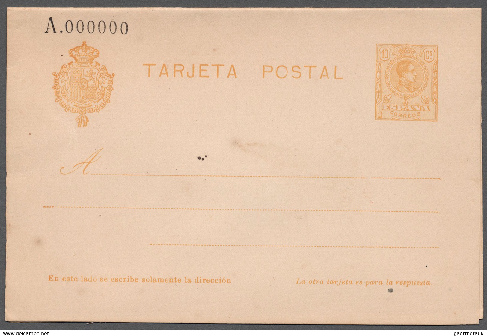 Spanien - Ganzsachen: 1918, Alfons XIII, 15 C. Yellow, Unissued Double Card "A.000000", Unused. ÷ 19 - 1850-1931