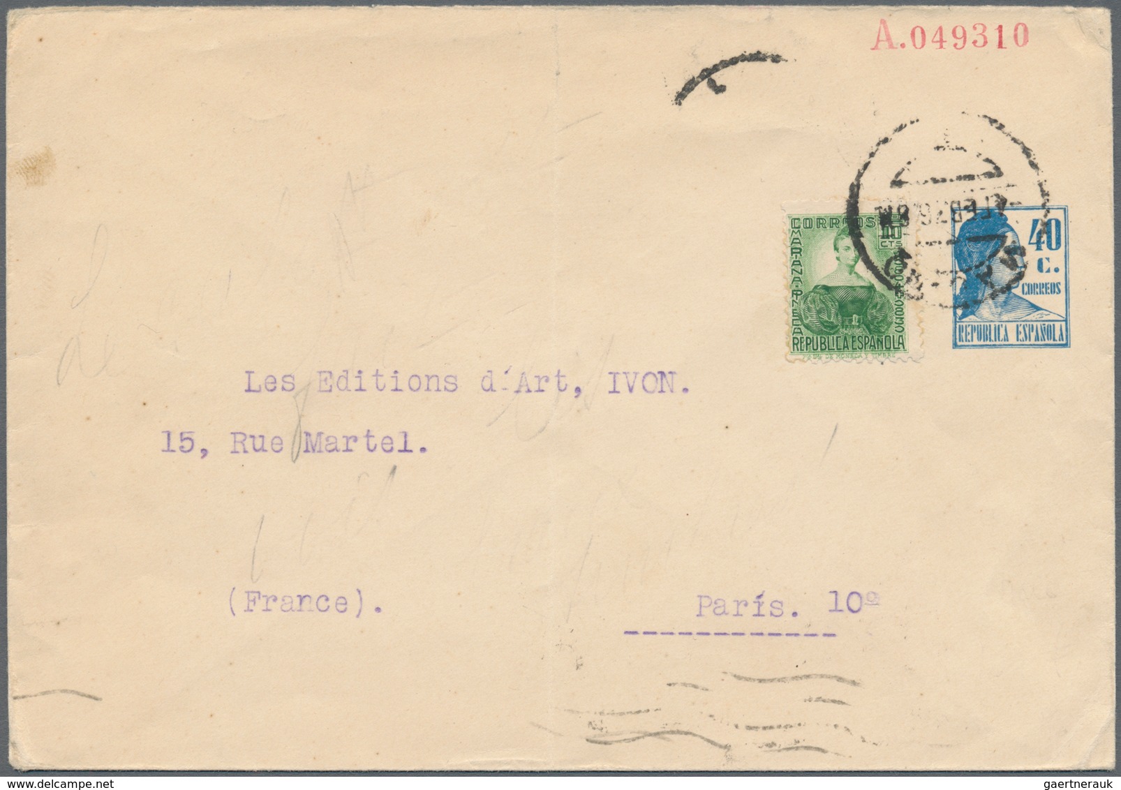 Spanien - Ganzsachen: 1936, Private Stationery Envelope Republic 40 C. Uprated 10 C. Canc. "MADRID 4 - 1850-1931