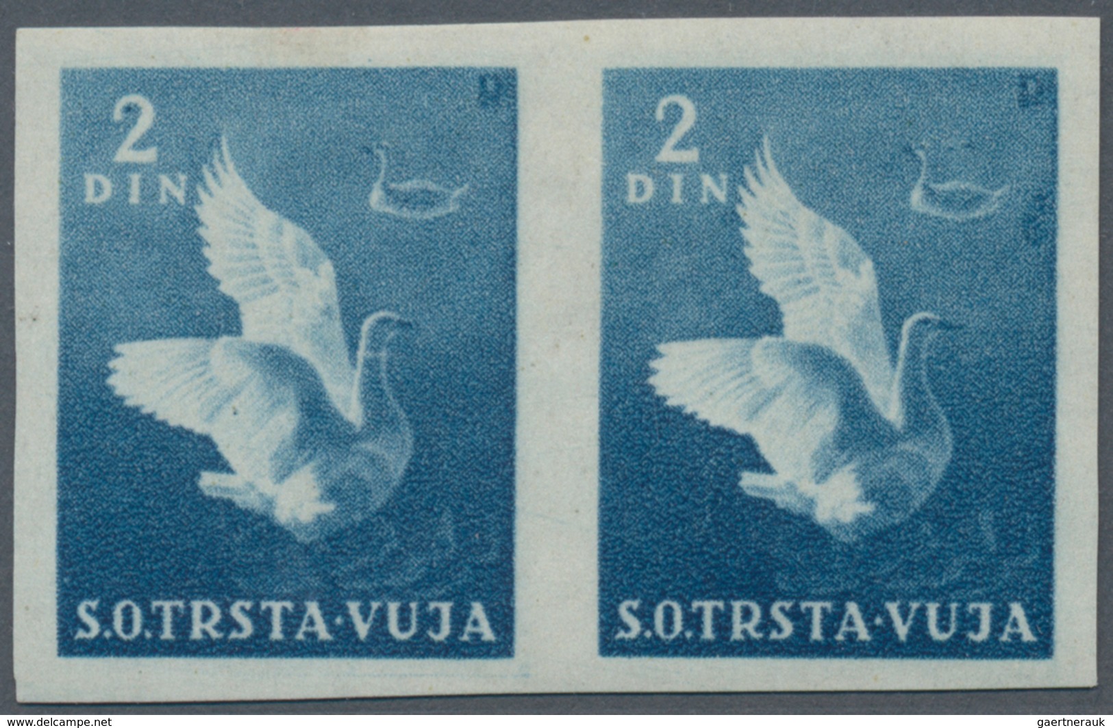 Triest - Zone B: 1951, 2 Din Bright Blue "goose", IMPERFORATED Horizontal Pair, Mint With Original G - Mint/hinged