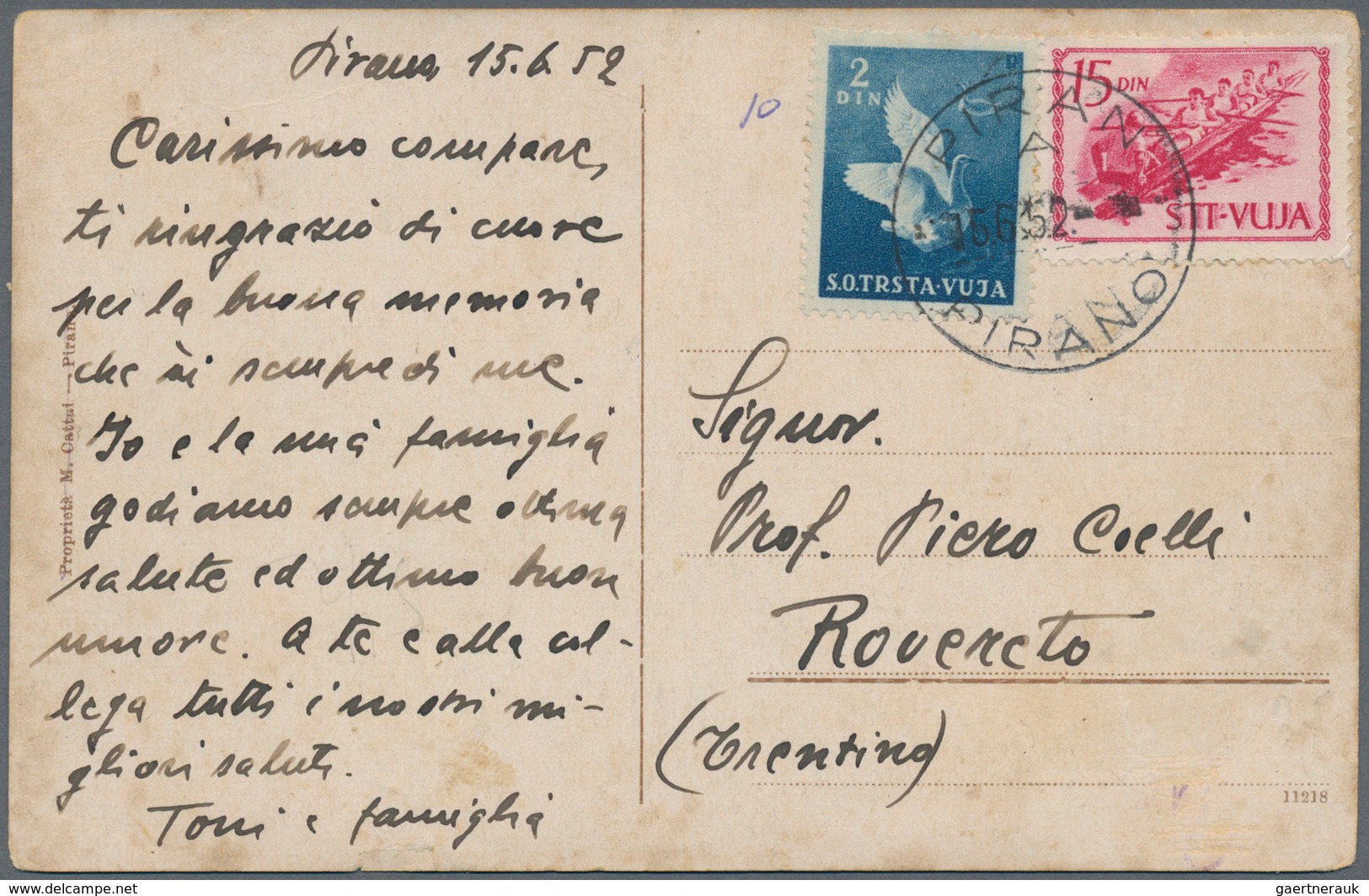 Triest - Zone B: 1952, 2 Din Blue "goose" And 15 Din Rose "rower", Mixed Franking On Picture Postcar - Ongebruikt