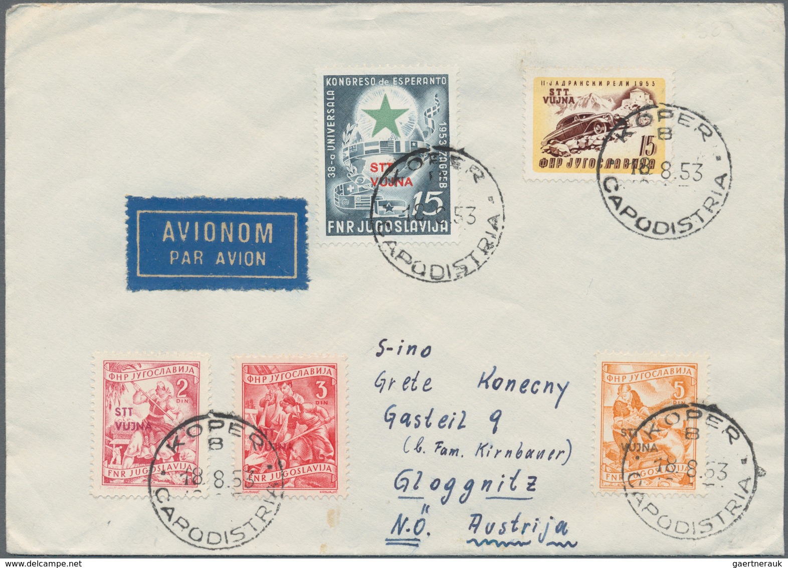 Triest - Zone B: 1953, Attractive Franking On Airmail Cover From "KOPER 18.8.53" To Austria. - Ongebruikt