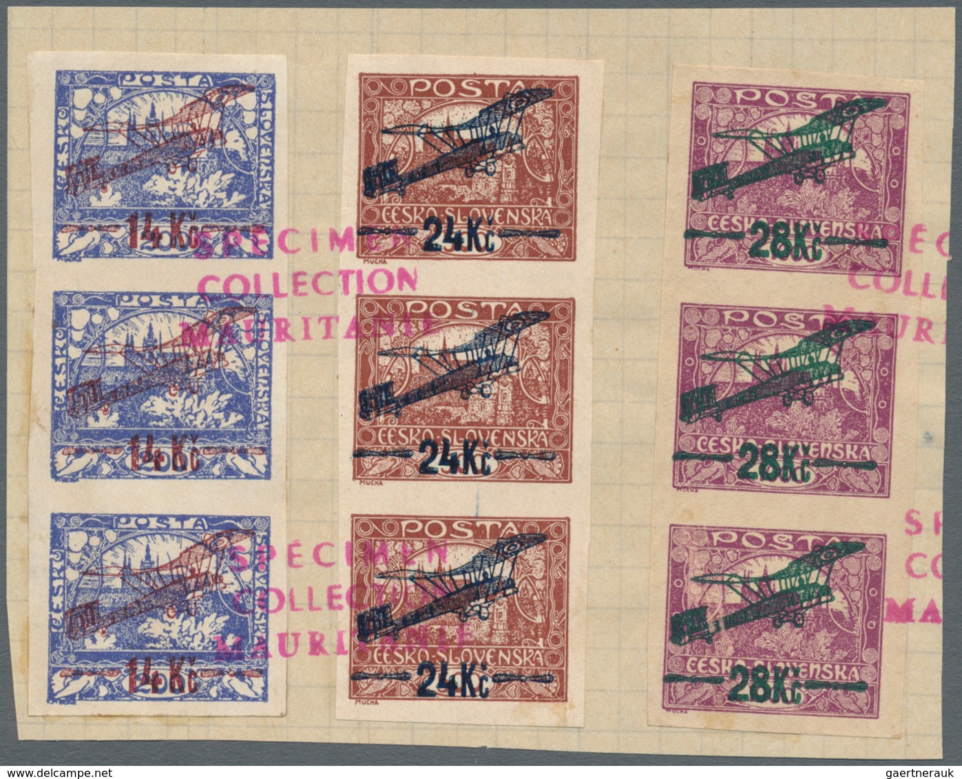 Tschechoslowakei: 1920. Complet, 3 Bandes De 3 Sur Page D'album UPU, Surcharge Rouge "Specimen Colle - Unused Stamps