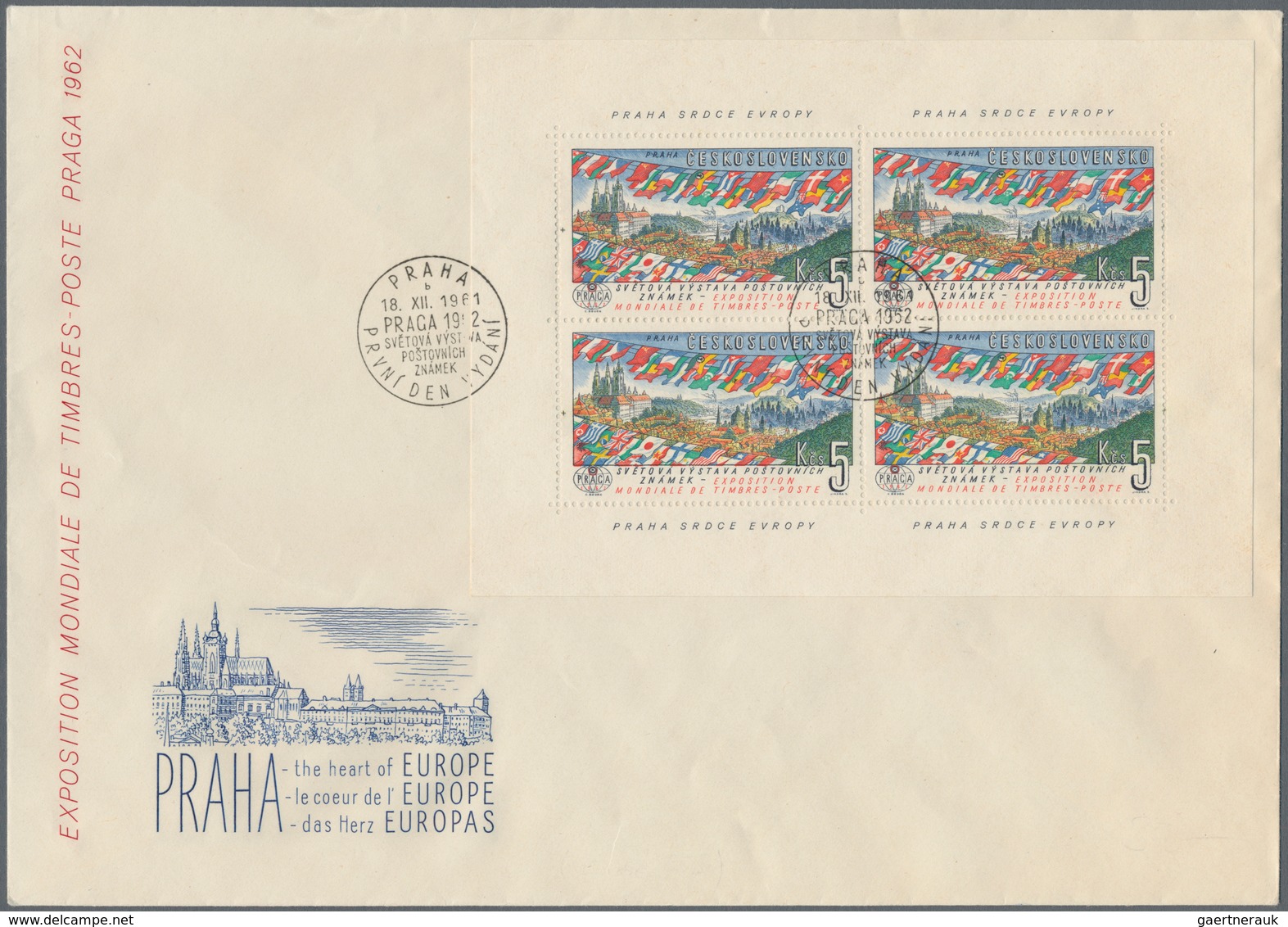 Tschechoslowakei: 1961, 5 Kc Mixed Color Small Sheet Of Four Stamps As First Day Cover 18.VII.1961 - Ongebruikt