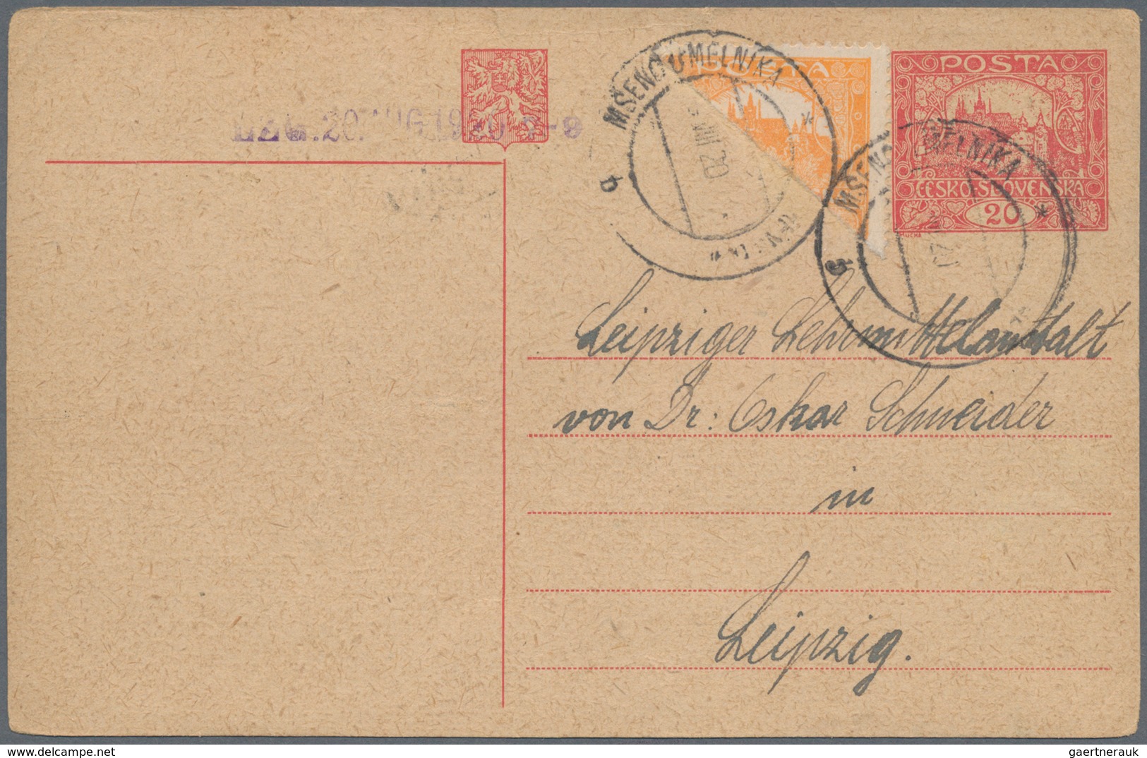 Tschechoslowakei - Ganzsachen: 1920, 20 H Stationery Card Uprated With Half Of 60 H Hradschin Stamp - Postkaarten