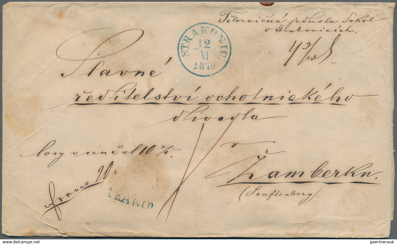 Tschechoslowakei - Heimat: 1870, "STRAKONIC 12 VI 1870", Clear Strike Of Blue C.d.s. On Official Ins - Andere & Zonder Classificatie