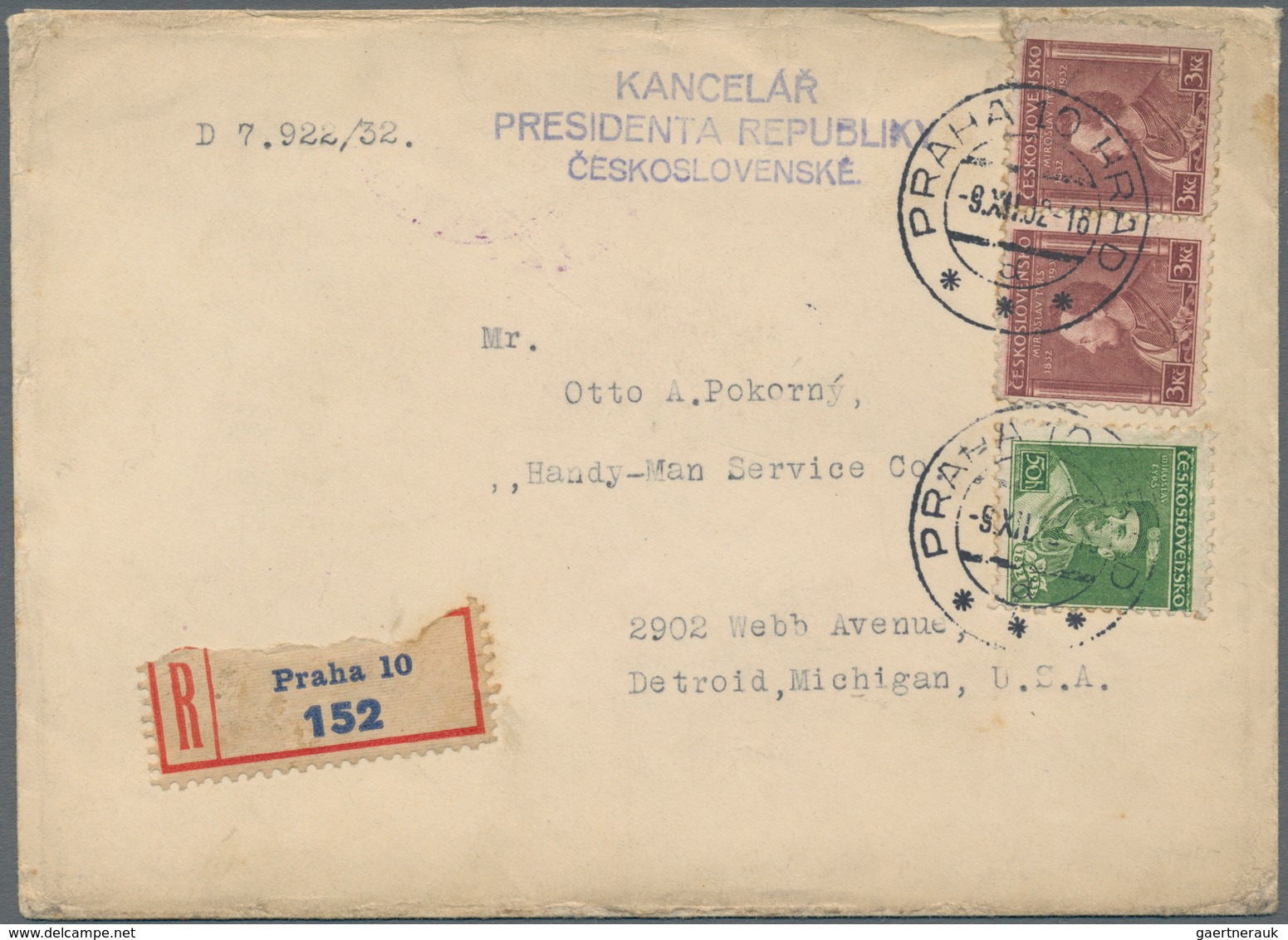 Tschechoslowakei - Besonderheiten: 1932, 50 H Green And 2 X 3 Kc Brown "M.Tyrs", Mixed Franking On R - Other & Unclassified