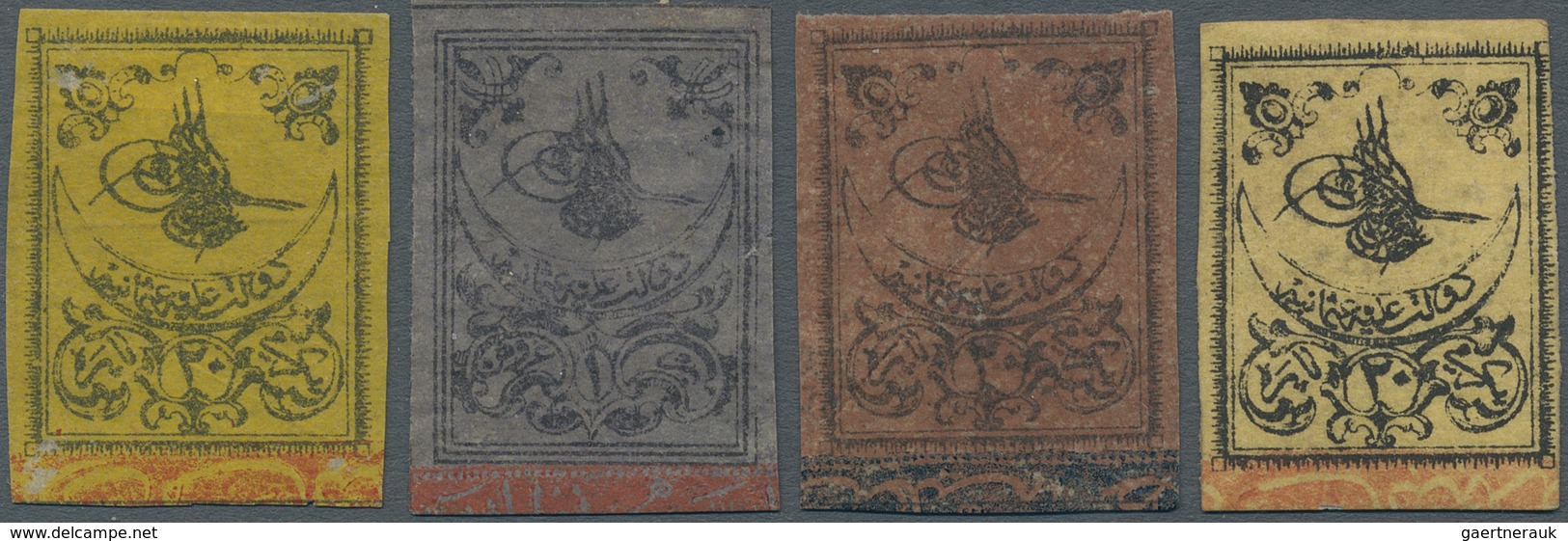 Türkei: 1863-64, First Issues Four Mint Stamps, 20 Para Yellow Second And Third Printing, 1 Pia. Gre - Other & Unclassified