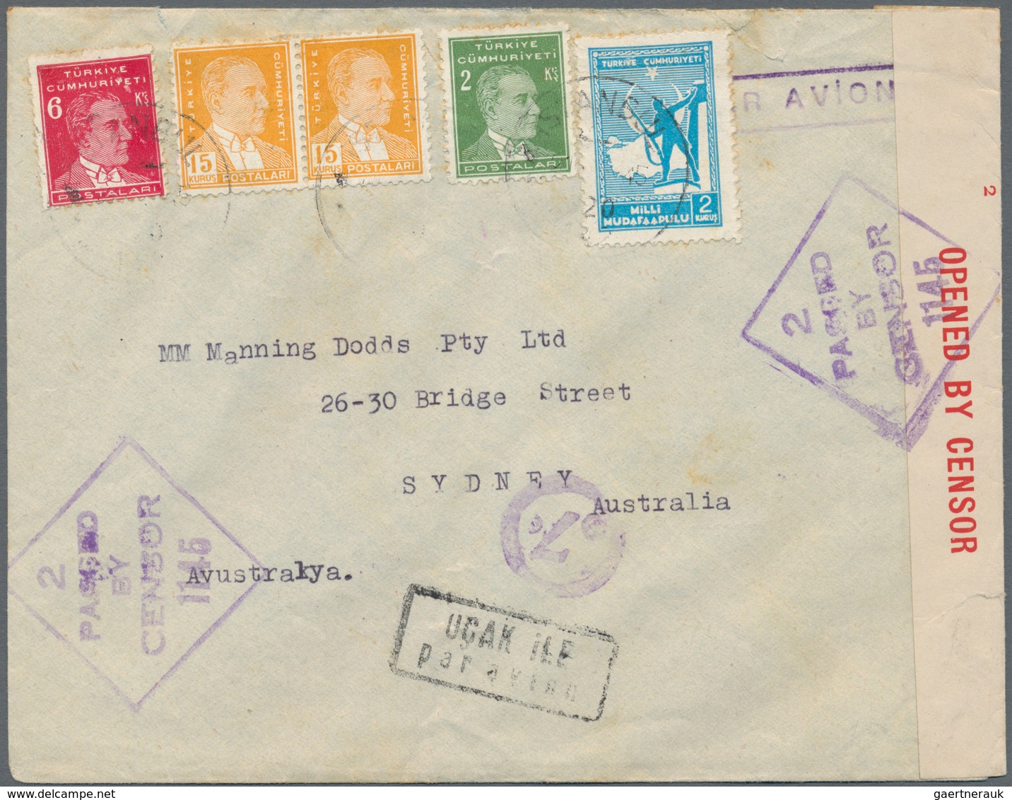 Türkei: 1945. Airmail Letter To Australia, Handstamped With Boxed "PAR AVION" (private Cachet) Ad Bi - Andere & Zonder Classificatie