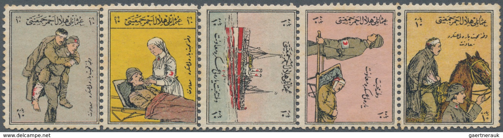 Türkei - Zwangszuschlagsmarken Für Den Roten Halbmond: 1912, Red Crescent First Issue Strip Of Five, - Liefdadigheid Zegels