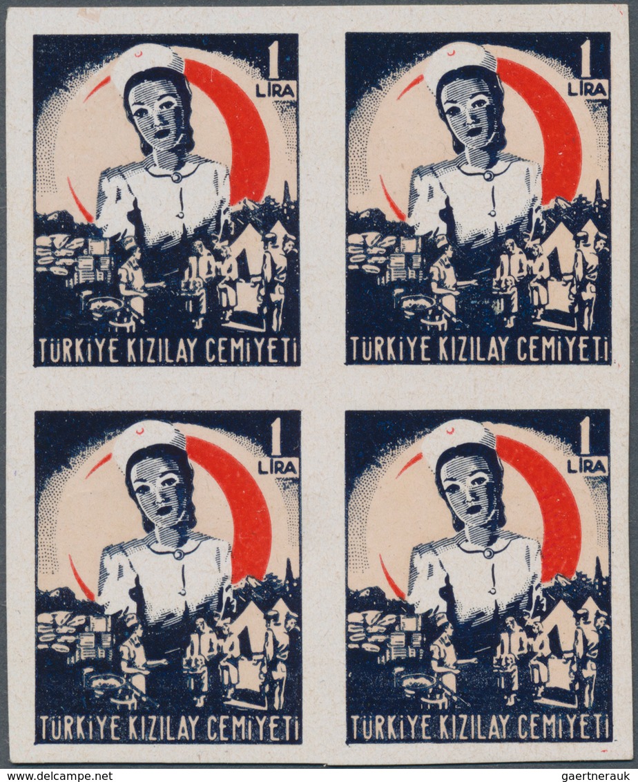 Türkei - Zwangszuschlagsmarken Für Den Roten Halbmond: 1944, "Nurse & Crescent" 1 Lira Imperf Block - Charity Stamps