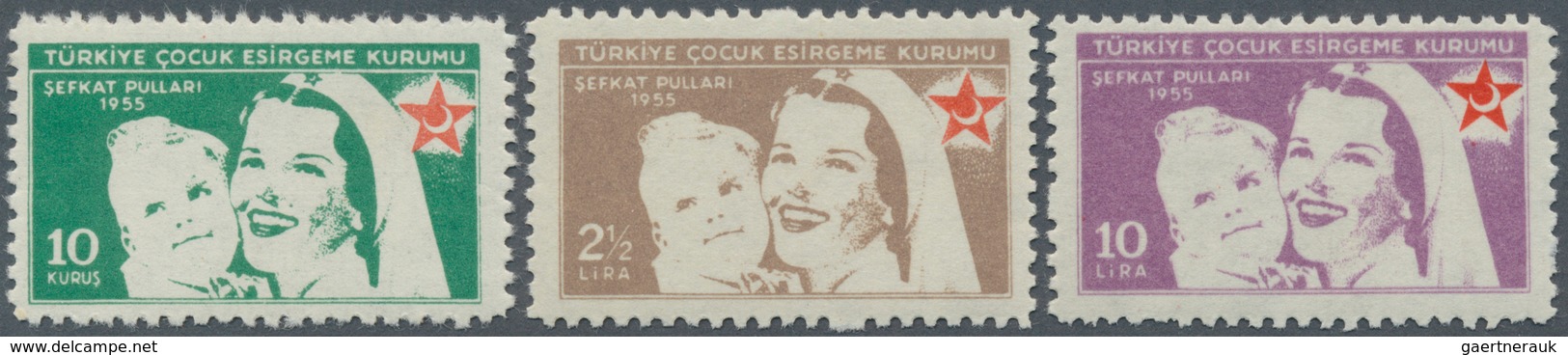 Türkei - Zwangszuschlagsmarken Für Den Roten Halbmond: 1955, 10 Lira Violet Red And Two Small Values - Liefdadigheid Zegels