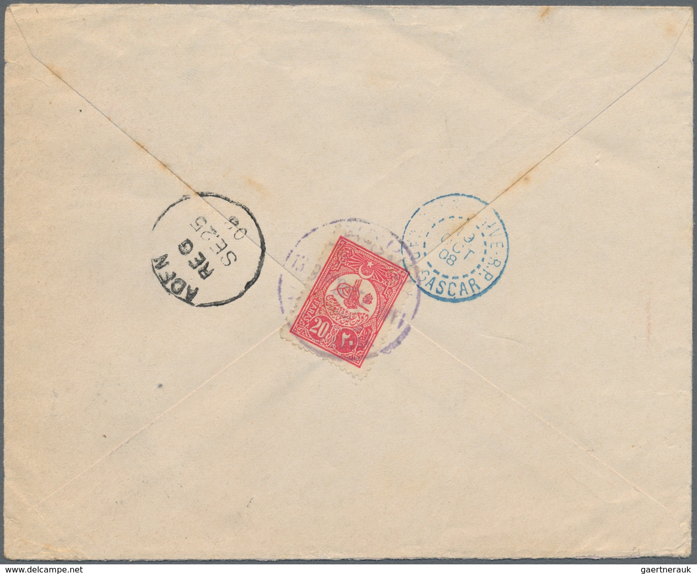 Türkei - Ganzsachen: 1908, Envelope 20 P. Uprated 1 P. And On Reverse 20 P. Canc. "KAVAK 13-9-908" R - Postwaardestukken