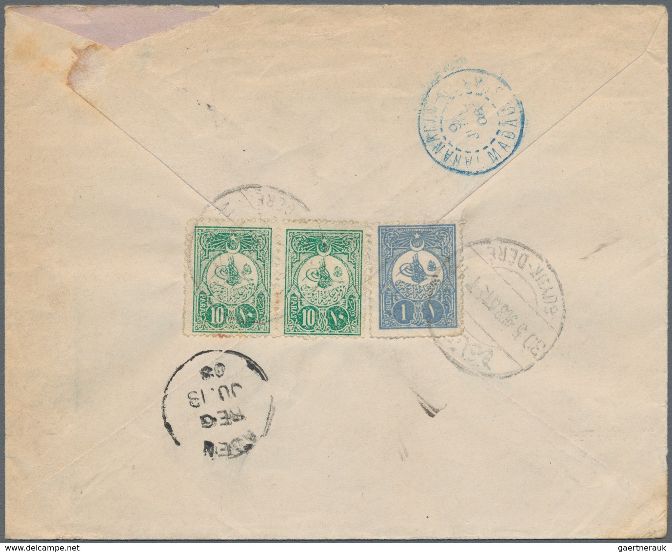 Türkei - Ganzsachen: 1908, Envelope 20 P. Uprated On Reverse 1 P., 10 P. (pair) Canc. "BÜYÜK-DERE 30 - Ganzsachen