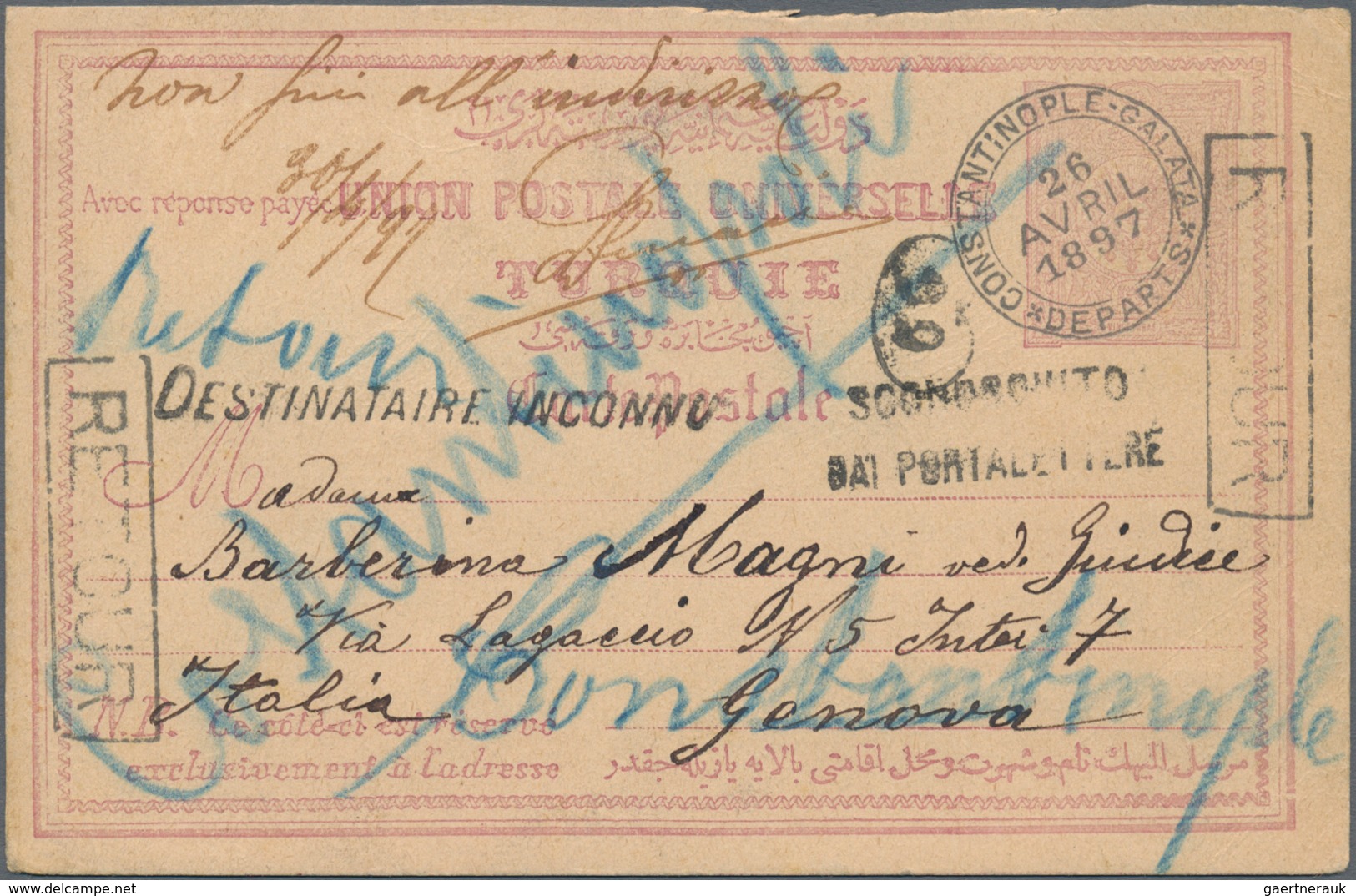 Türkei - Stempel: 1897, Turkey 20 Para Postal Stationery Card Asking Part Tied By "CONSTANTINOPLE GA - Andere & Zonder Classificatie