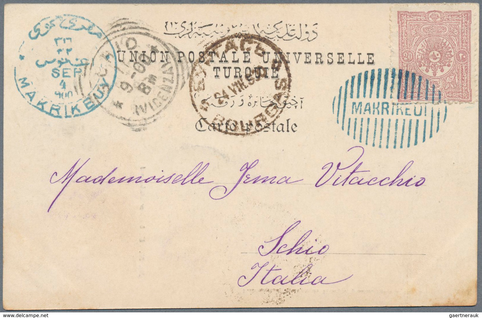 Türkei - Stempel: 1900, Postcard Bearing 20 Pa. Violet Tied By Clear Oval Barred "MAKRIKEUI" In Blue - Andere & Zonder Classificatie