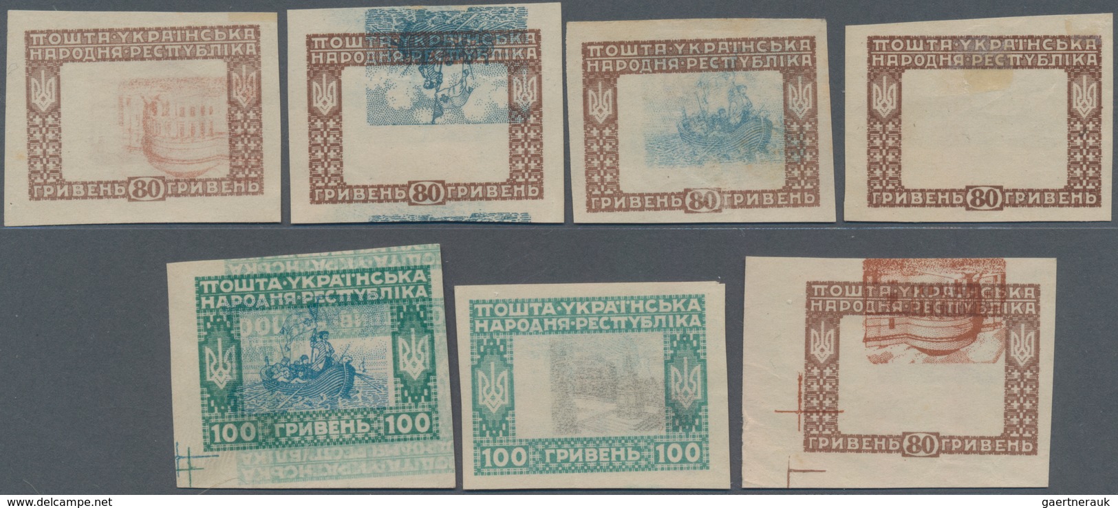 Ukraine: 1920. Definitives. Prepared But Not Issued. VARIETIES. Values Of 80g Brown And Blue (ship) - Ucrania