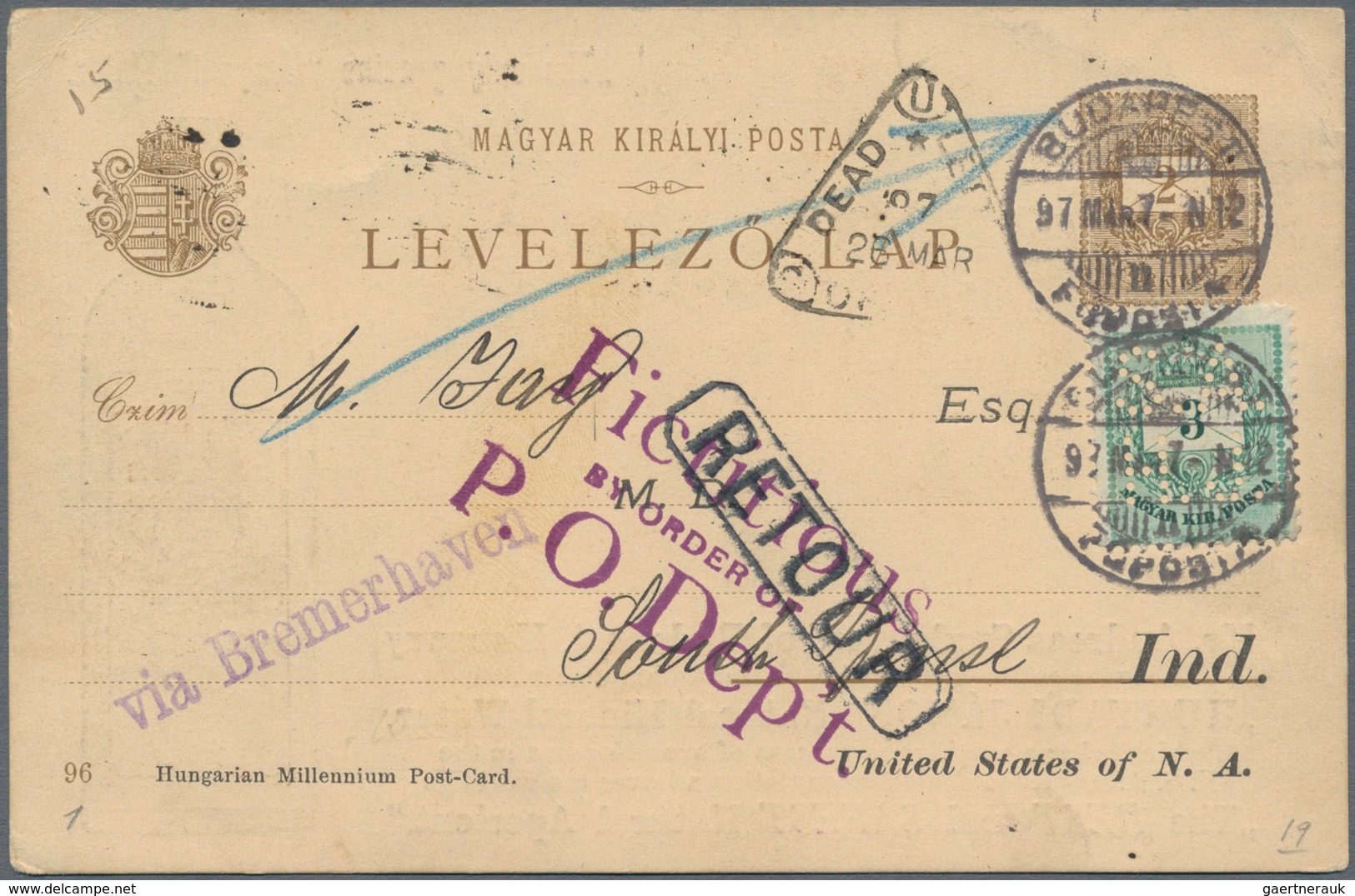 Ungarn: 1897, 2 Filler Brown Postal Stationery Card And 3 Filler Green With PERFIN Additional Franki - Brieven En Documenten