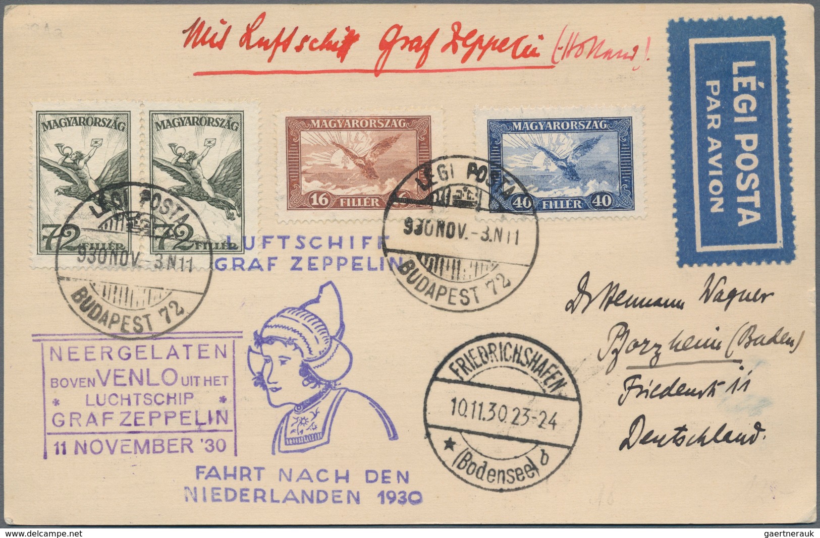 Ungarn: 1930. Ungarische Vertragsstaatenkarte Mit 4 Flugmarken Zur Niederlandefahrt. Abwurf Venlo, A - Covers & Documents