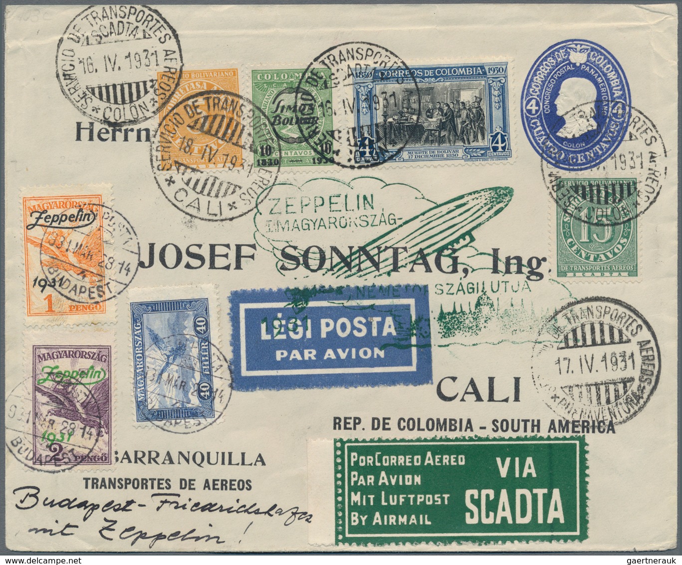 Ungarn: 1931. Ungarn-Rückfahrt Mit Ungarischer Zeppelinserie In Mischfrankatur Mit Kolumbien Und SCA - Storia Postale