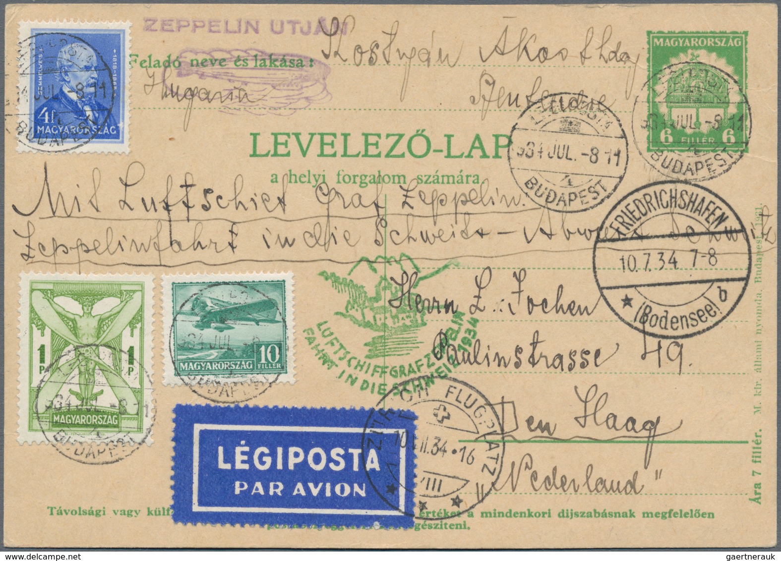 Ungarn: 1934. UNGARN/SCHWEIZFAHRT. Hochinteressante 6F-Ganzsachenkarte Mit Flugmarken-Zusatzfrankatu - Covers & Documents