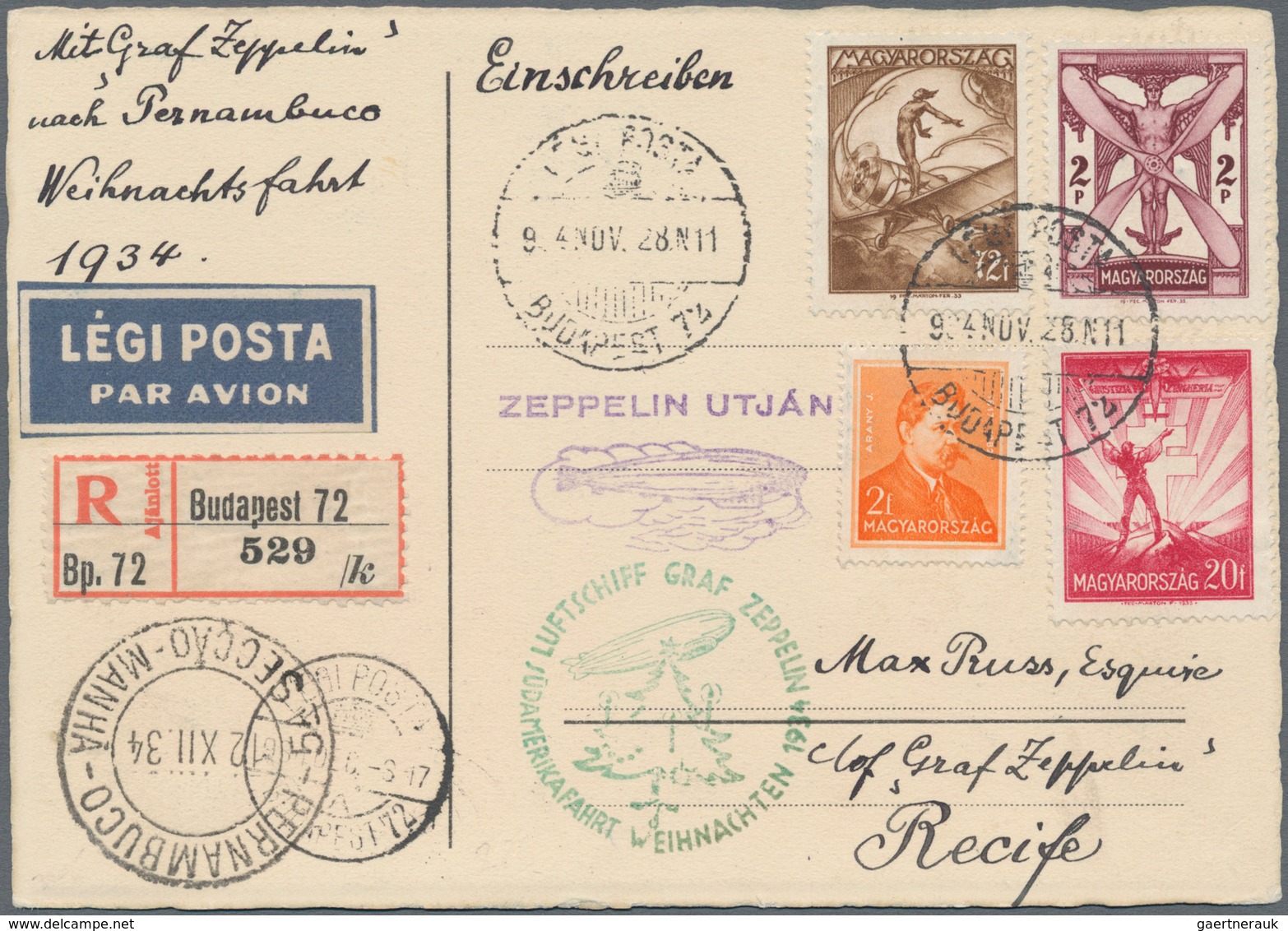 Ungarn: 1934. Ungarn/Weihnachtsfahrt: Reco-Luxuskarte Als Nachbringe-Bordpost Mit Bestätigungsstempe - Covers & Documents