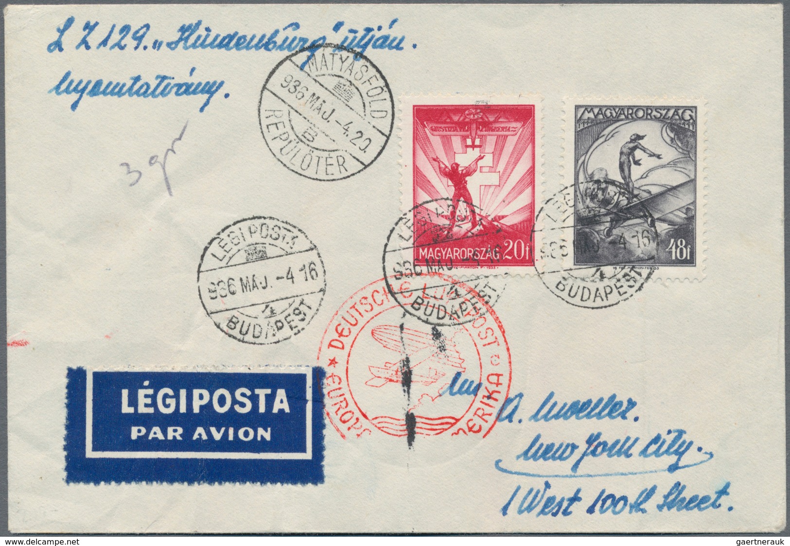 Ungarn: 1936. Ungarn/1. NAF 1936. 3 Gr. Privatbrief Mit Flugmarken Via Frankfurt "c" Nach New York. - Brieven En Documenten