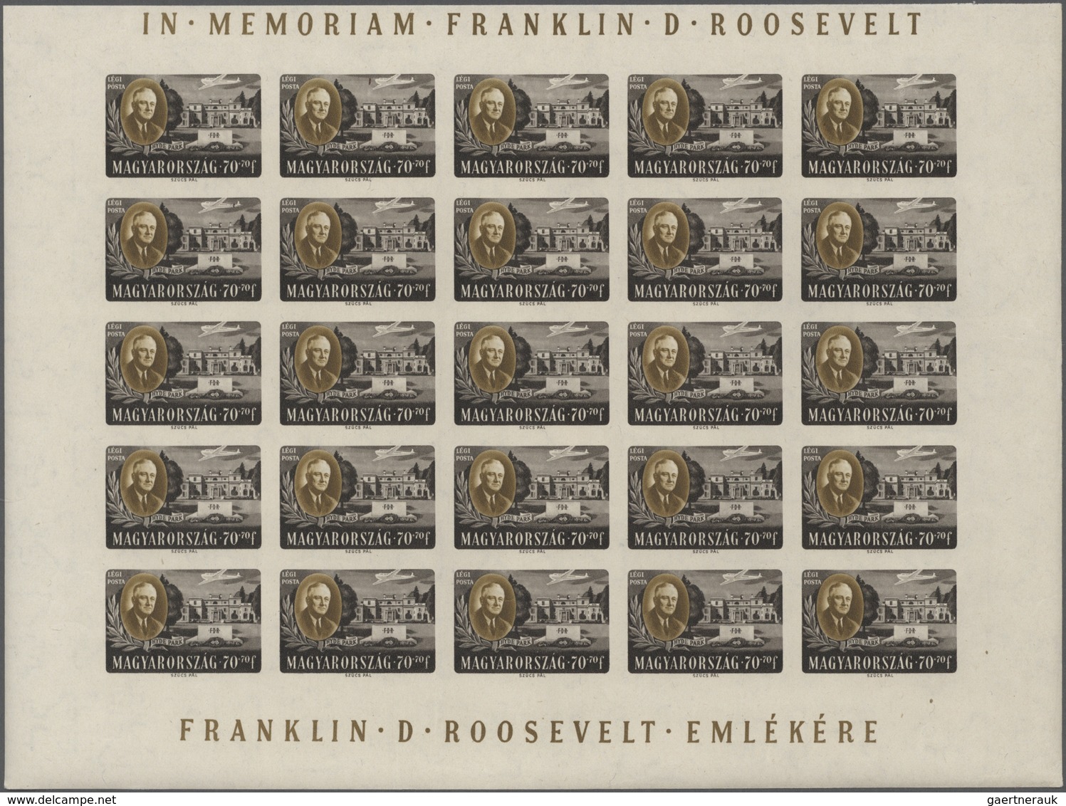 Ungarn: 1947, President Roosevelt Airmail Set Of Four In Complete IMPERFORATE Sheets With 25 Stamps - Brieven En Documenten