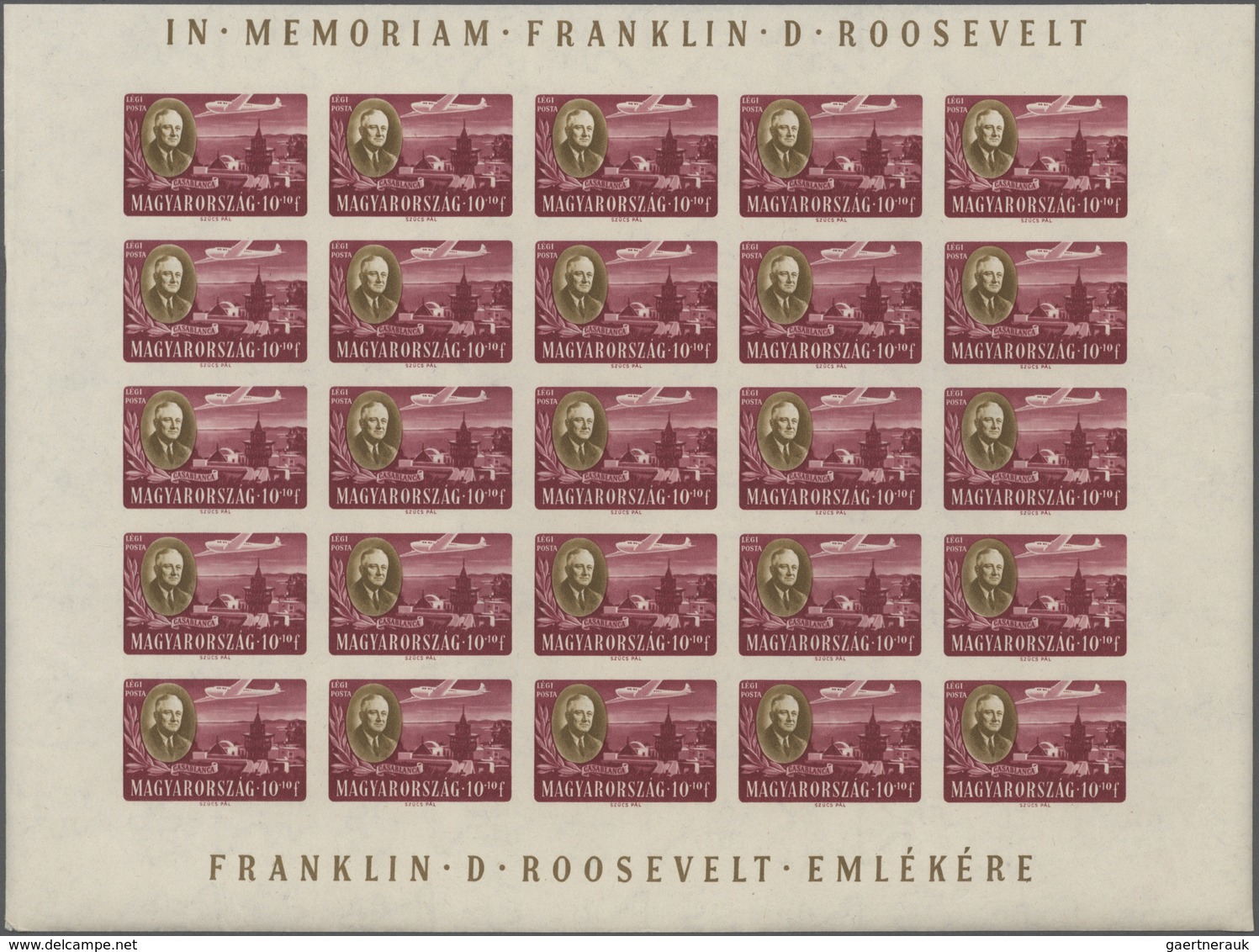 Ungarn: 1947, President Roosevelt Airmail Set Of Four In Complete IMPERFORATE Sheets With 25 Stamps - Cartas & Documentos