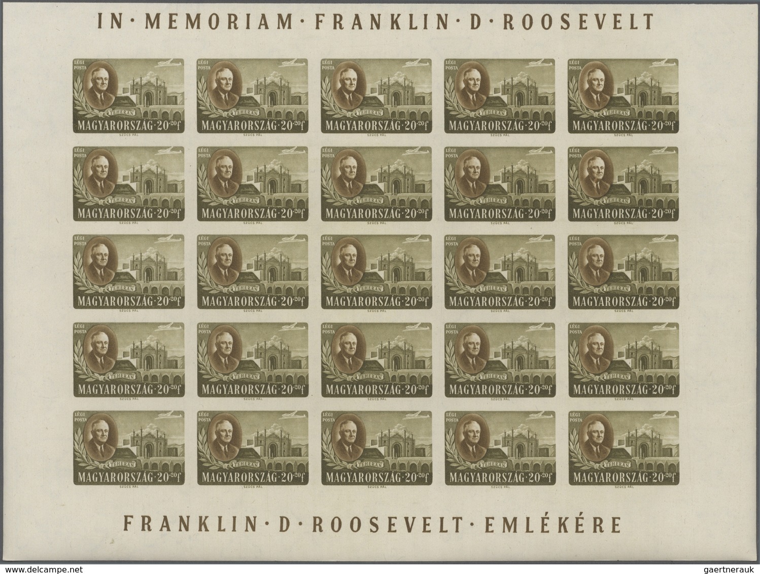 Ungarn: 1947, President Roosevelt Airmail Set Of Four In Complete IMPERFORATE Sheets With 25 Stamps - Cartas & Documentos