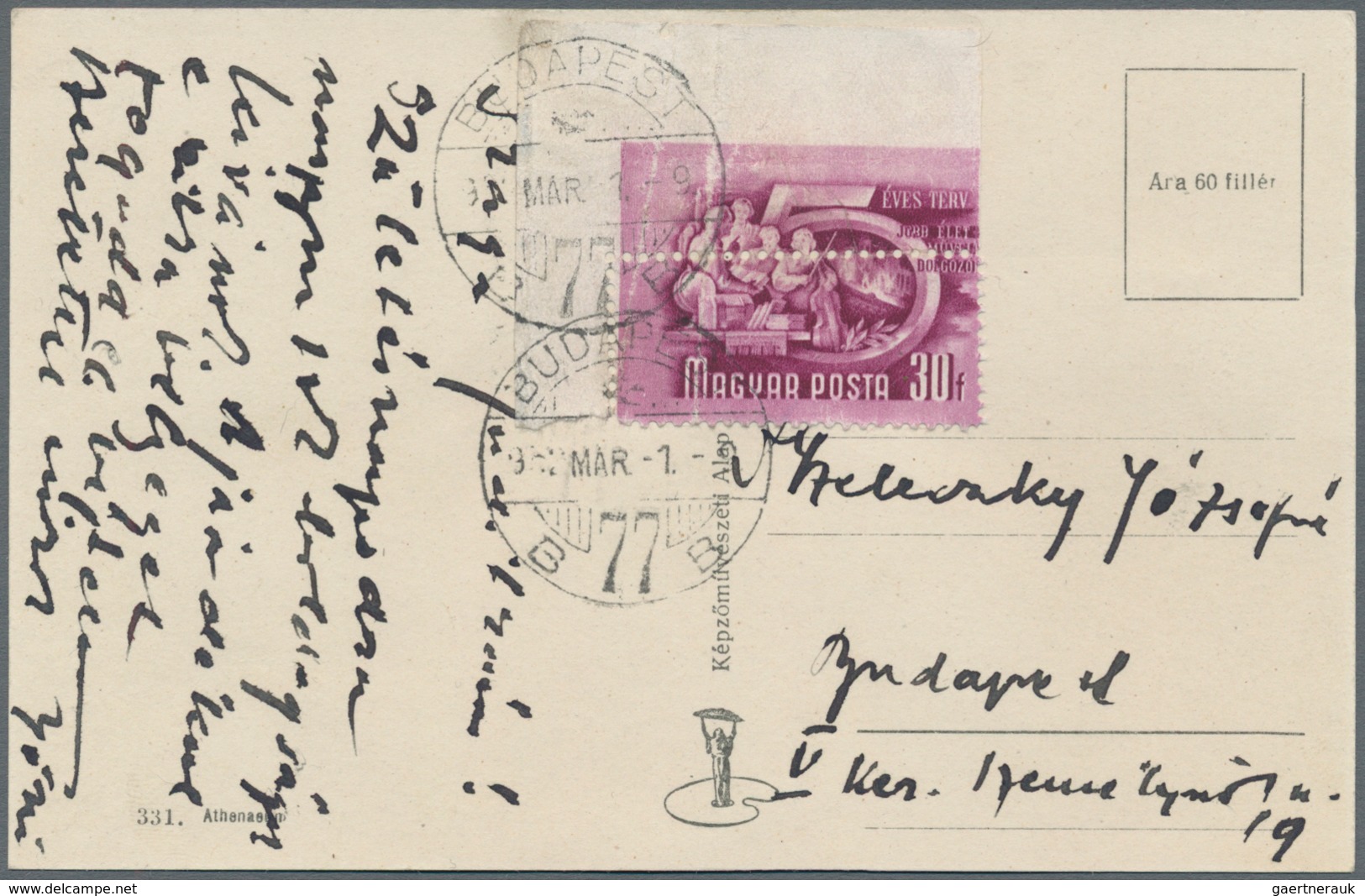 Ungarn: 1950, 30 F Lilac "five-year Plan" From Upper Left Sheet Corner, With Variety Horizontal Perf - Brieven En Documenten